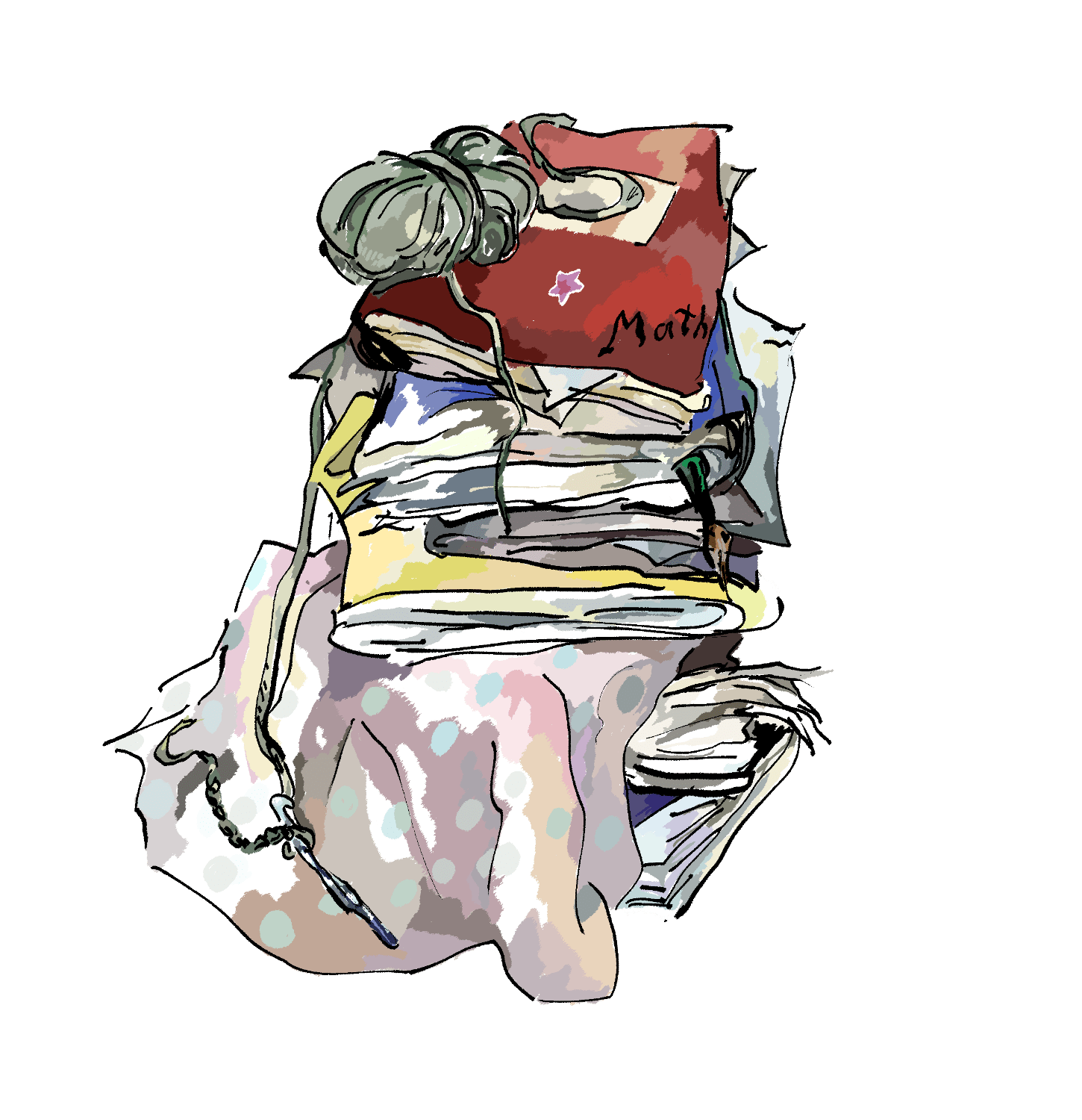 a stack of books, a poster is hidden underneath